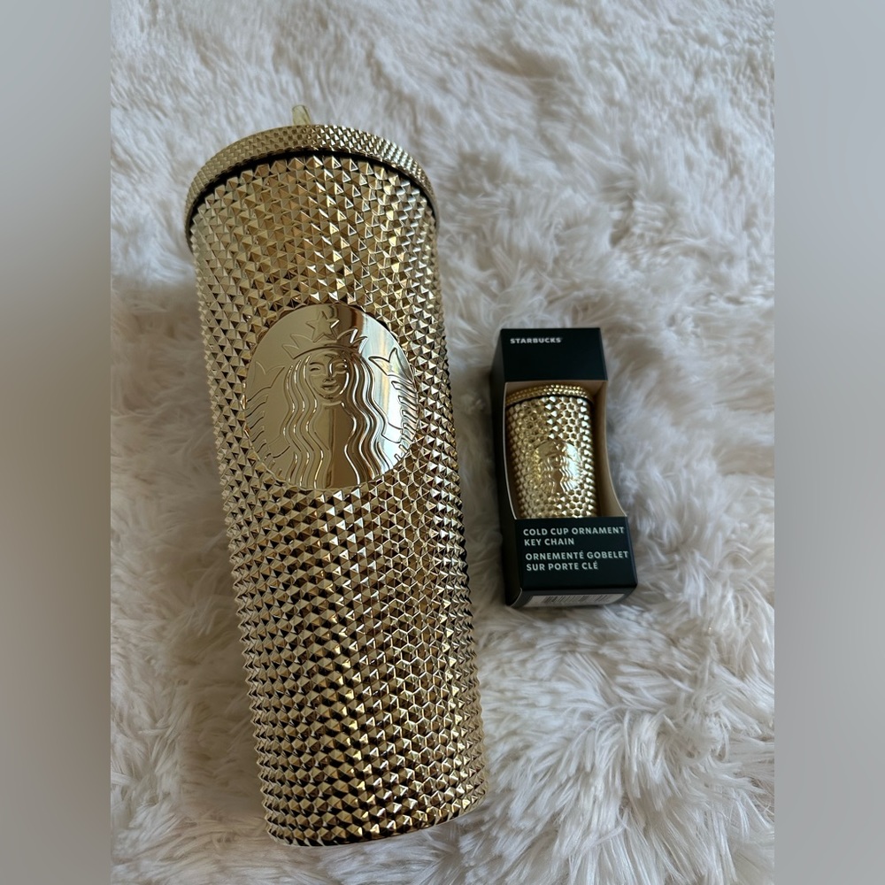 NWT Starbucks Gold Metallic Studded Tumbler + keychain